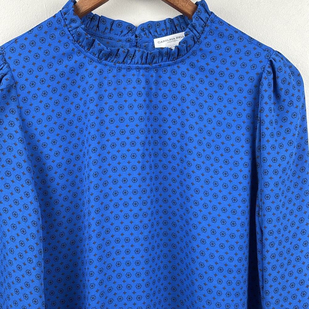 Carolina Belle Montreal Blouse Woman's Medium Blue Geometric Print Boho Peasant